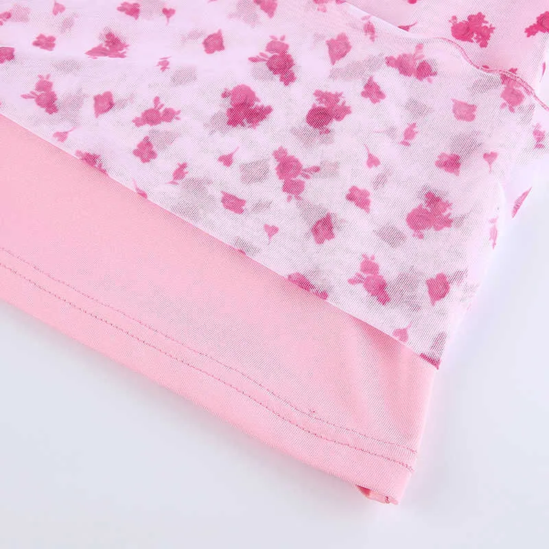Heyoungirl Floral Print Pink High midja midi kjol y2k lapptäcke mesh en linje korta kjolar kvinnor sommar avslappnad kawaii mode y0824