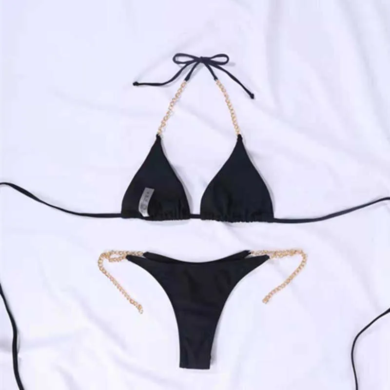 Costume da bagno bikini con fasciatura con lacci Costume da bagno perizoma con taglio alto Costume da bagno triangolo femminile Costume da bagno con scollo all'americana nero Biquini sexy 210604