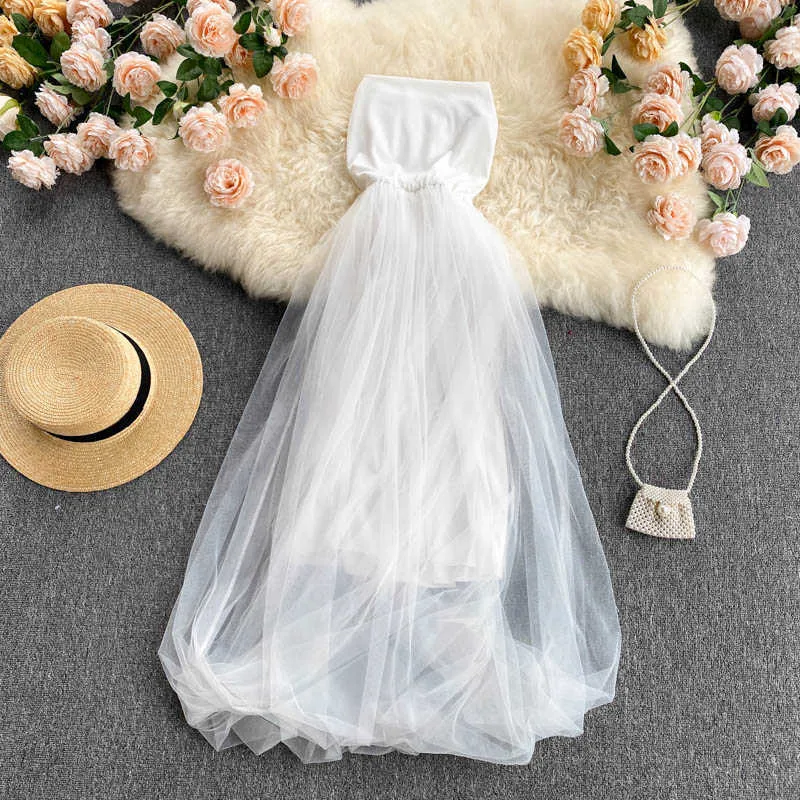 Sexy wit mesh strapless jurk vrouwen elegante baljurk vestidos vrouwelijke zomer vakantie strand party robe sprookje nieuwe mode 2021 y0603