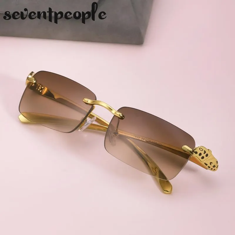 Solglasögon Rimless Rectangle Women Frameless Square Sun Glasögon för män unika leopardtempel Eyewear266g
