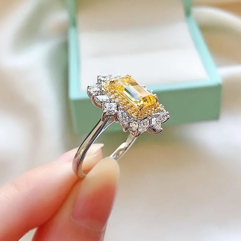 Anéis de cluster 100% 925 esterlina 6 9mm prata esmeralda corte citrino criado pedra preciosa para mulheres casamento bandas anel de noivado2948