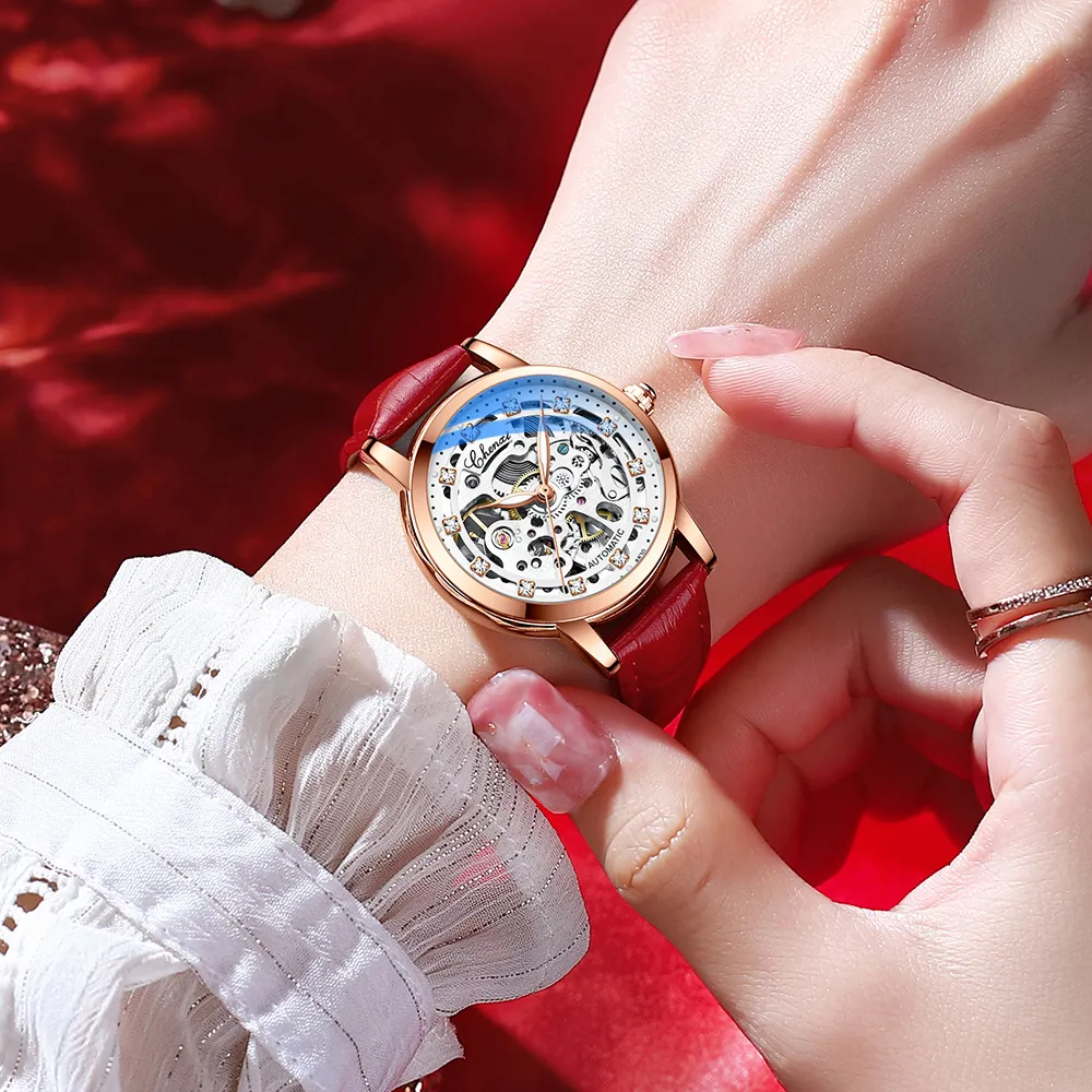 Women Automatic Mechanical Watch أعلى العلامة التجارية الفاخرة الفولاذ المقاوم للصدأ معصمه معصم الساعات السيدات الهيكل العظمي التوربيون على مدار الساعة 277S