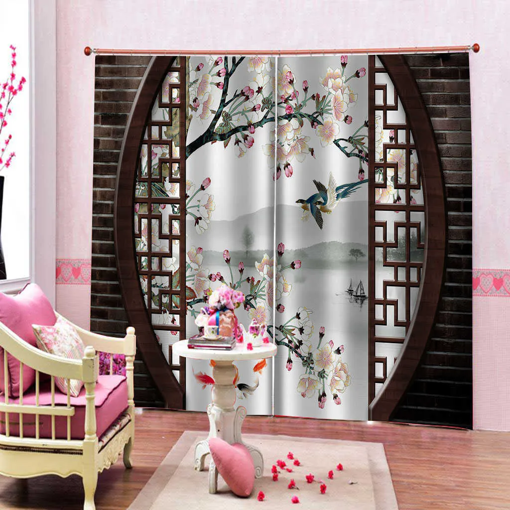 클래식 홈 장식 커튼 디자인 3D 커튼 중국어 스타일 벽돌 매화 조류와 꽃 커튼 그늘 창 커튼 침실 210712
