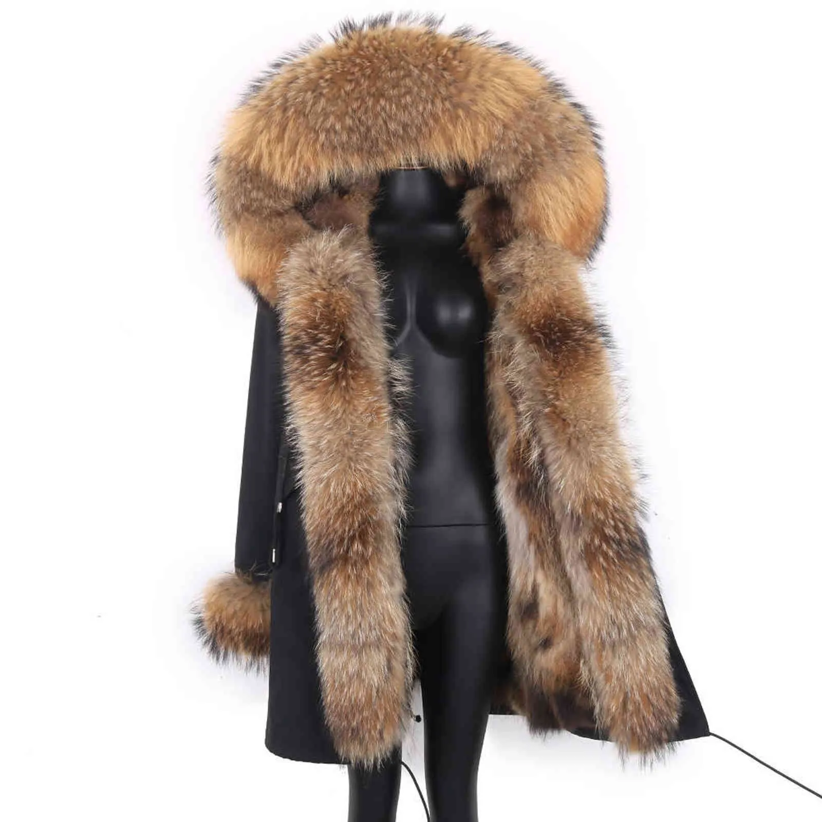 Manteaux d'hiver pour femmes et vestes longues imperméables Parka capuche amovible en fourrure de raton laveur et doublure en vraie fourrure mode chaude 211122