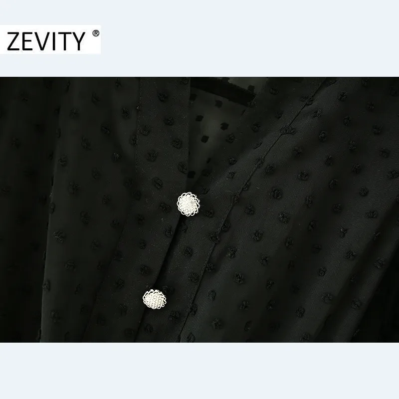 Zevity Women Fashion V Sect Dots, прошивая черное шифоно -плиссированное платье Femme с длинным рукавом vestido шикарные повседневные тонкие платья DS4487 210303