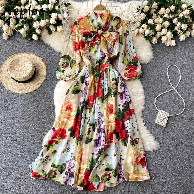 Neploe Holiday Bohemain Print Dress Women High Waist Hip A Line Slim Vestidos Turn Down Collar Long Sleeve Robe Spring 2021 C0607