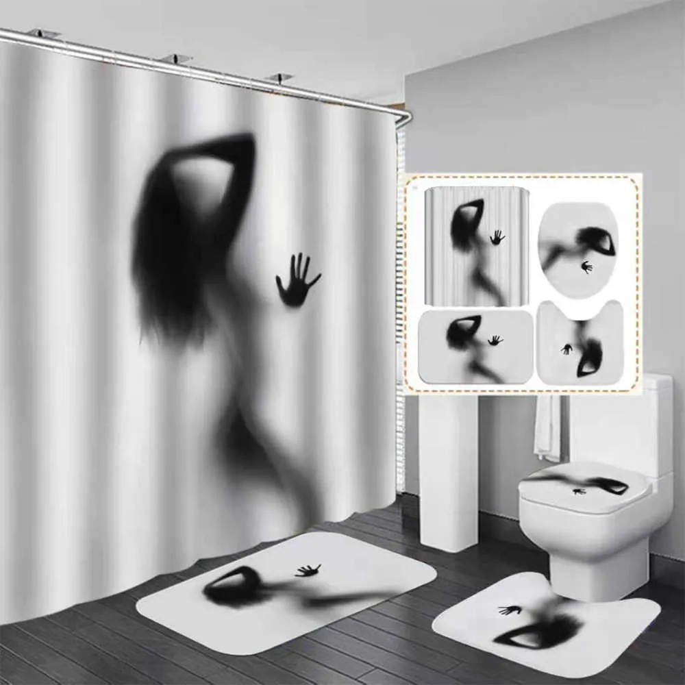 Çıplak Kadın Gölge Duş Perdesi Kanca Ile Seksi Kız Banyo Set kaymaz Halı Tuvalet Kapak Ped Banyo Paspas Ev Dekor için 210609