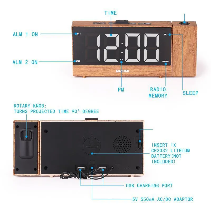 Projectie Radio Wekker LED Digitale Desktafel Watch Snooze Functie Verstelbare Projector FM-radio met Slaap Timer 210310