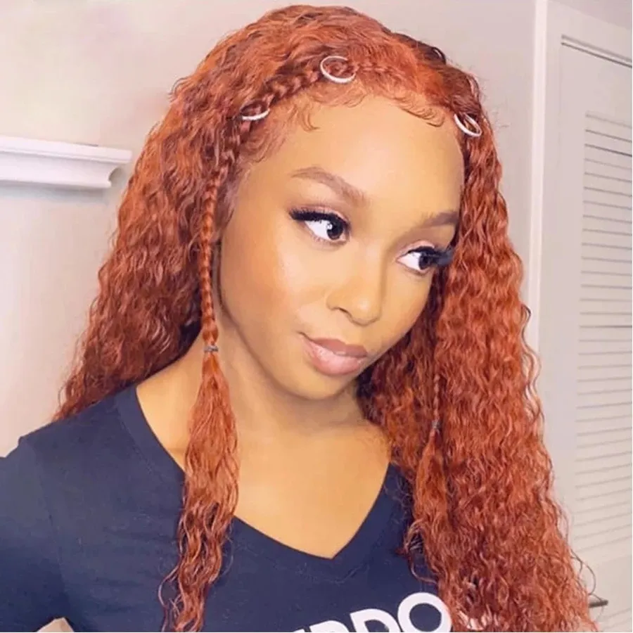 26Inch Deep Wave Ginger Orange Lace Frontal Synthetic Hair Wig For Women Preplucked Heat Resistant Daily Wigs 180% Density Curly