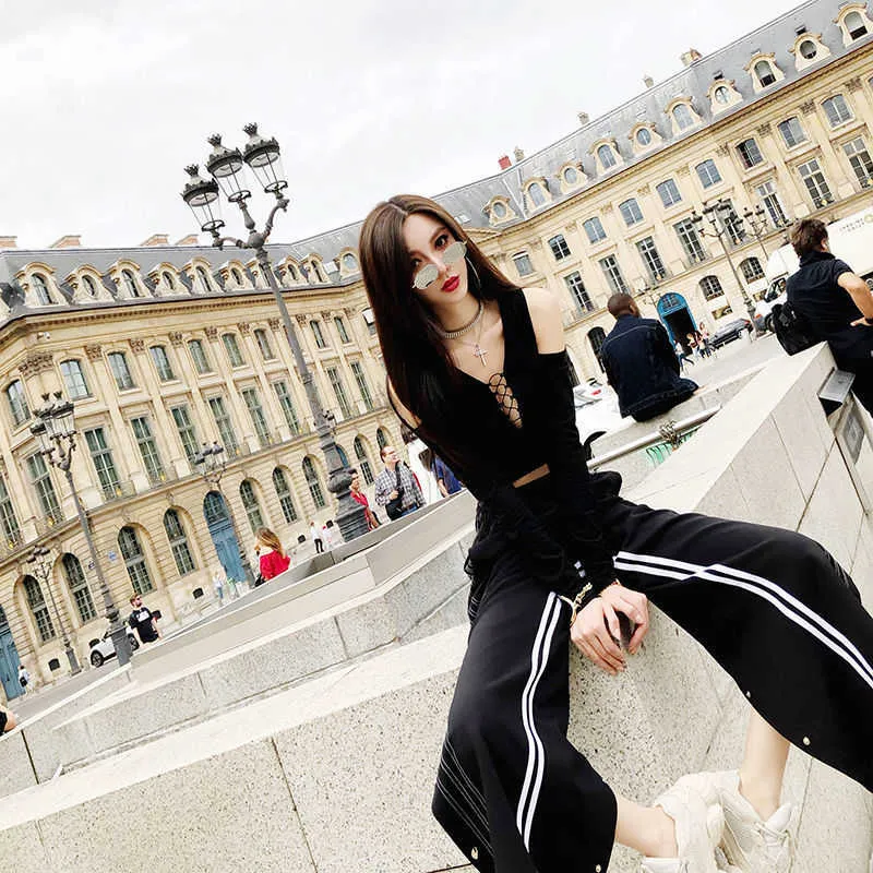 Czarna elastyczna talia szerokie spodnie nogi koreańskie spodnie modne plus rozmiar miękkie spodnie damskie Streetwear HIP POP Kieszenie spodnie Q0801