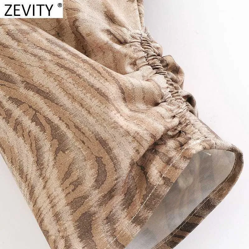 Zevity Women Vintage Animal Texture Print Short Smock Camicetta Donna O Collo Manica lunga Camicia casual Chic Blusas Top LS7531 210603