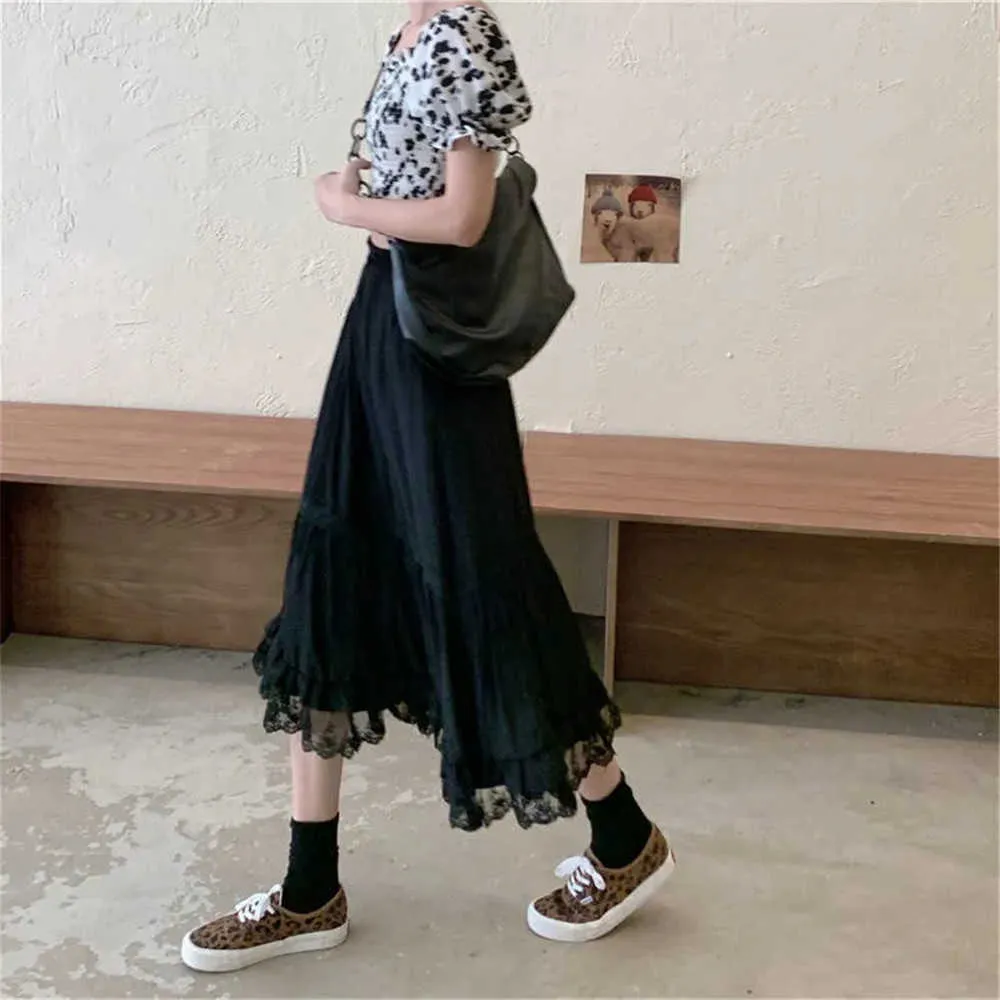 Falda plisada de tul con costura de encaje de cintura alta para mujer, falda larga delgada blanca Vintage de verano, ropa de calle negra coreana para mujer 210619