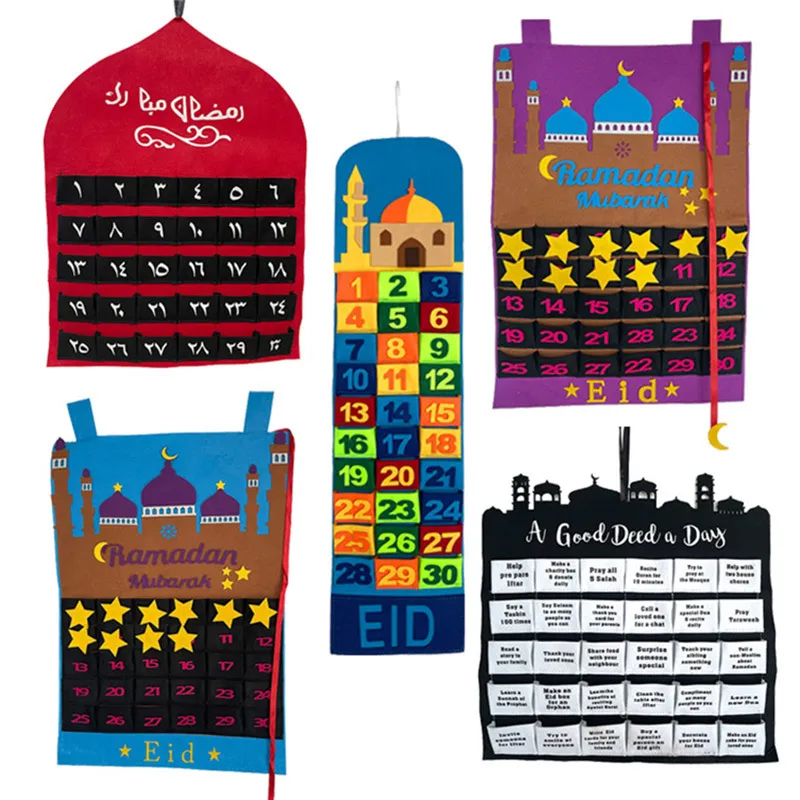 2021 Eid Mubarak 30days Advent Calendar Hängande Filt Nedräkning Kalender Gåvor för barn Lamic Muslim Ramadan Party Decor Y0228