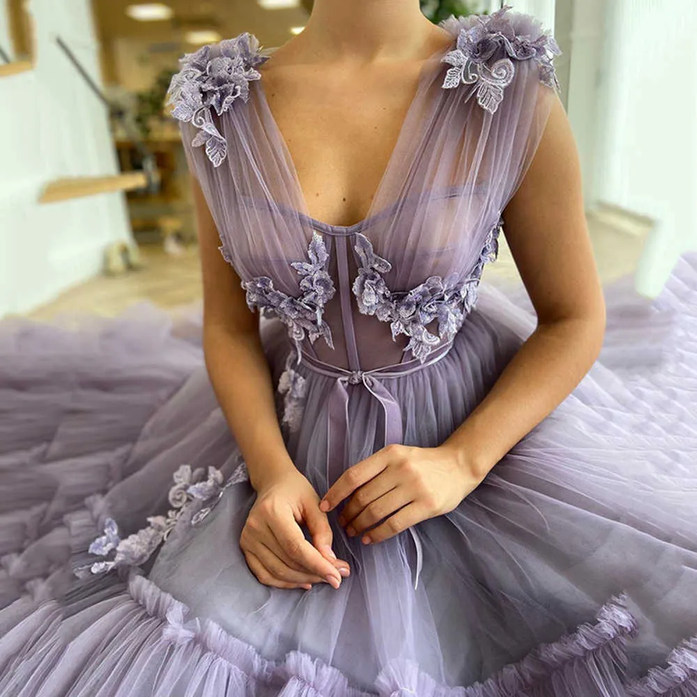 Sevinten Elegante Lavanda Tiered Tule Vestidos de Prom Vestidos Uma Linha equipada Boning 3D Flores Comprimento Do Assoalho Vestidos de Noite 210719