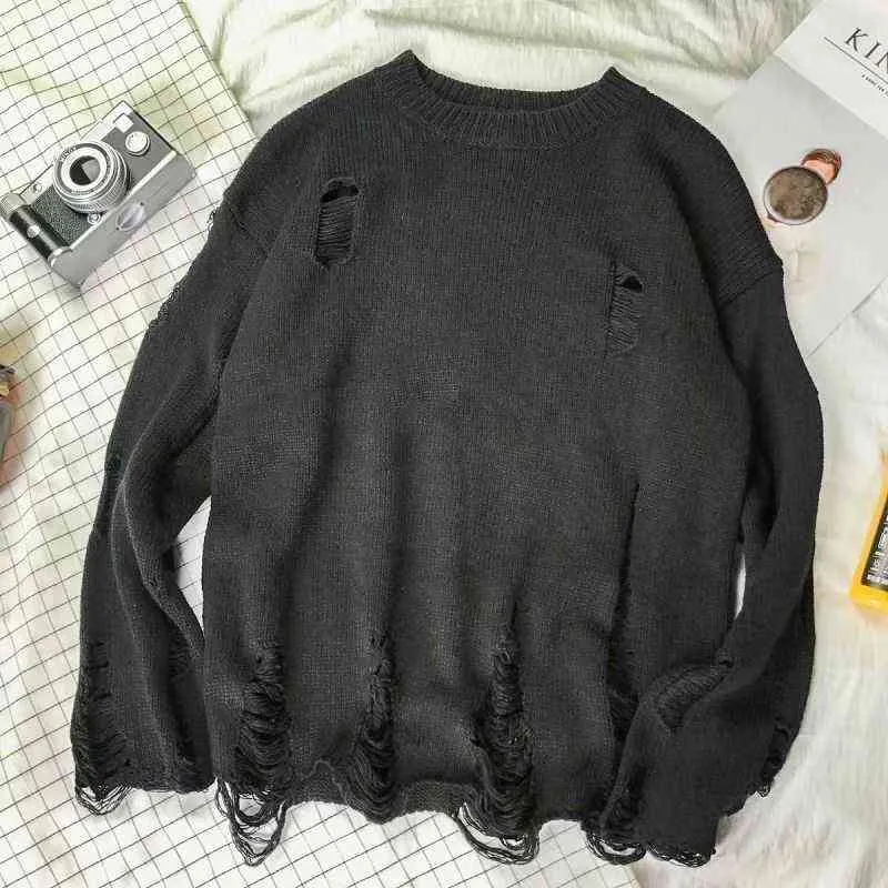 Wash Hole Ripped Knit Sweaters Hombres Mujeres Streetwear Hip Hop Pullovers Jumper Moda de gran tamaño All-match Hombres Ropa de invierno 211123