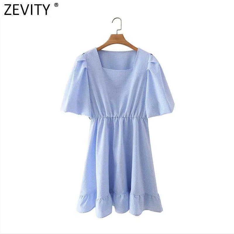 Zeefity Dames Mode Plaid Print Casual Hem Ruches Mini Shirt Jurk Vrouwelijke Chic Ploow Puff Sleeve Kimono Vestidos DS8356 210603