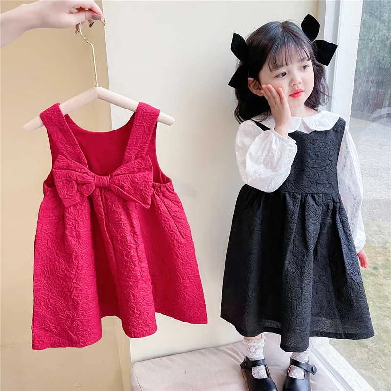 Großhandel koreanischen Stil Frühling Mädchen Weste Kleider ärmellose einfarbige große Schleife Prinzessin Mädchen Kleidung E6028 210610