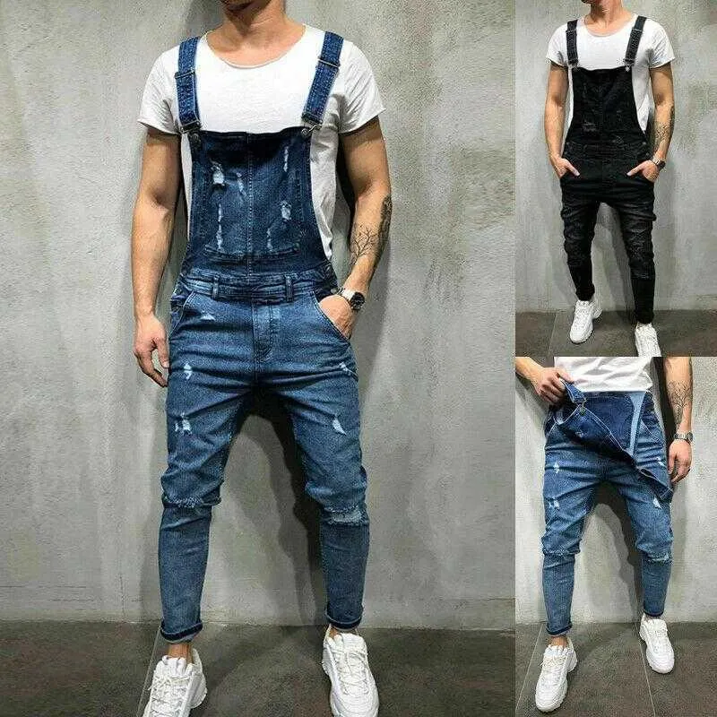 Mens Rasgado Jeans Jeans Homens Moda Primavera Outono Macacão Dungarees Bib Calças Jumpsuit Calças Casuais 210716