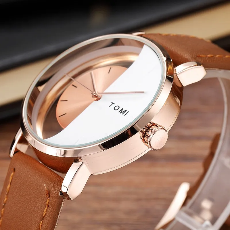 Unik se Creative Half Transent Unisex Watch för män Kvinnor Par Geek Stylish Leather Wristwatch Fashion Quartz-Watch295s