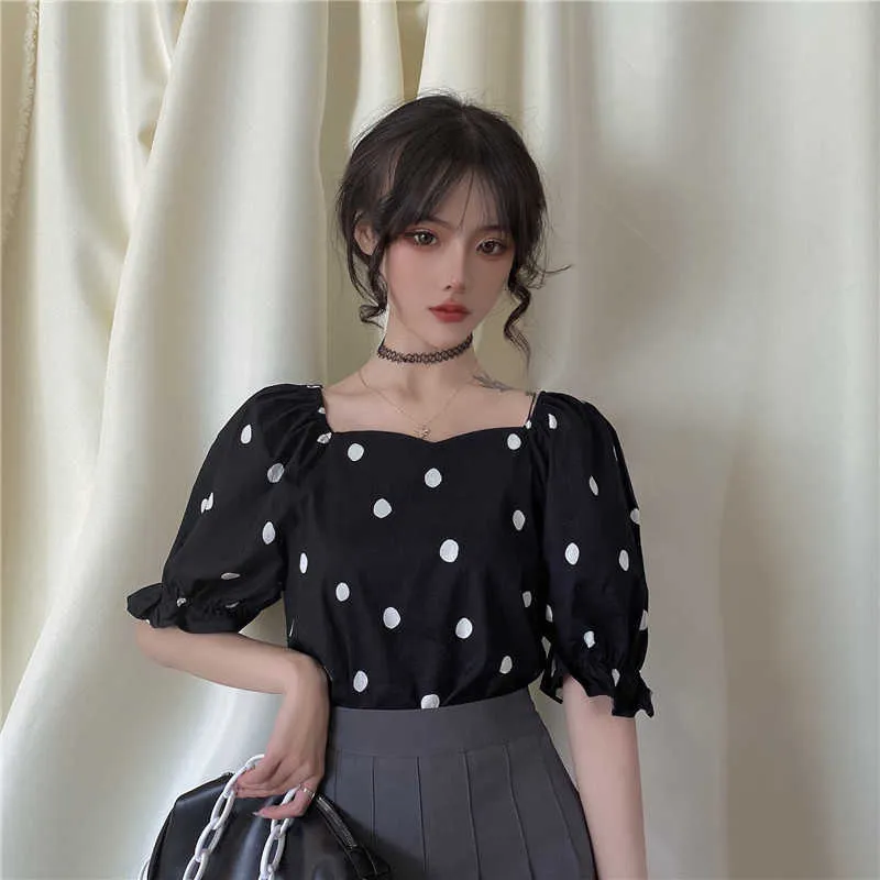 Gömlekler Bluzlar Moda Vintage Chic Kore Yaz Kare Boyun Kısa Kollu Polka Dot Kırpma Üst Siyah Beyaz Blusas Mujer Slim 210610