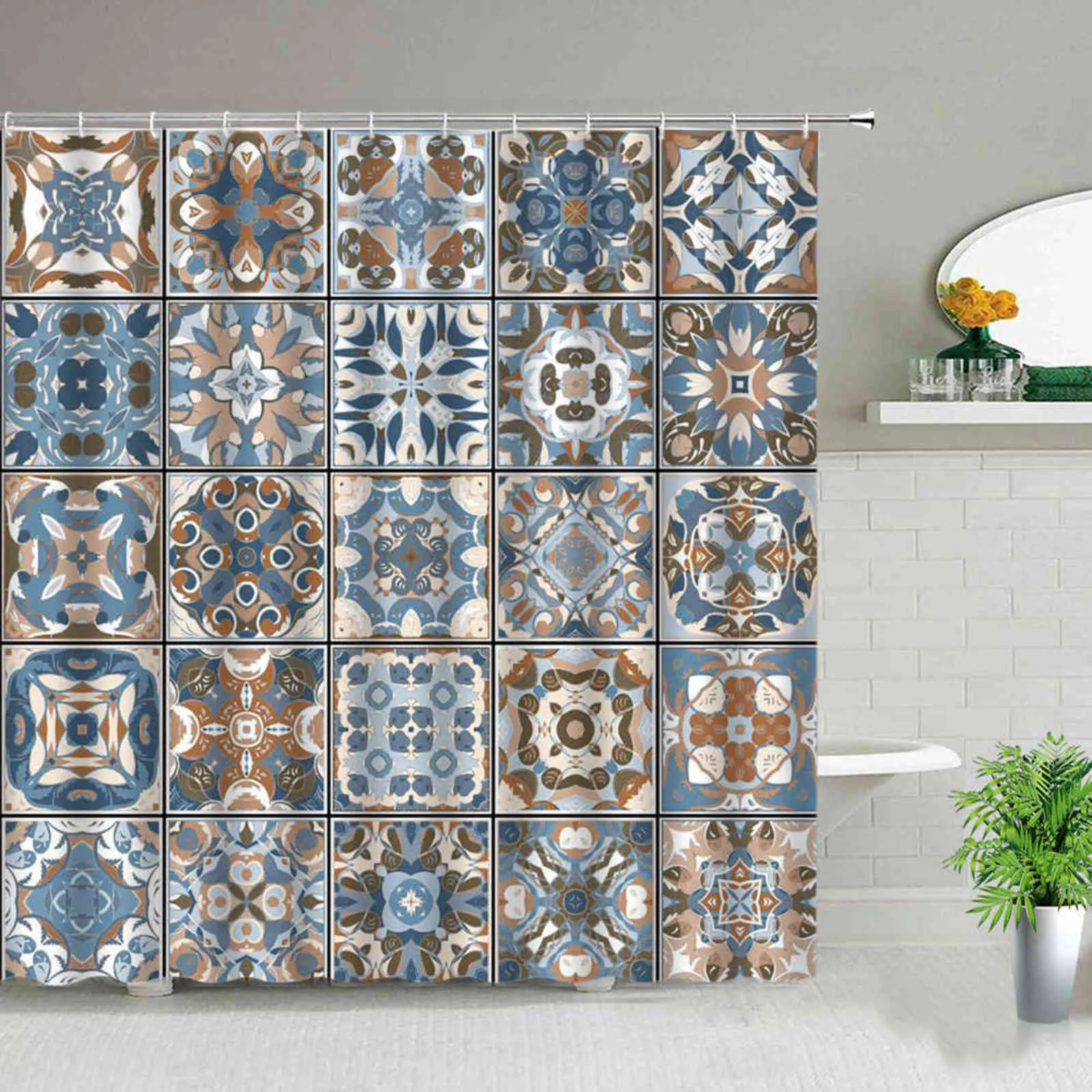 Motif de patchwork de rideau de douche marocain avec différents rideaux de salle de bain tunisiens originaux colorés, ensemble de décor avec crochets 211116