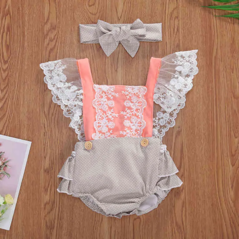Emmababy Newborn Baby Girl Clothes Breathable Floral/Dot Printing Lace Decoration Fly Sleeve Romper Bow Headwear Baby Clothes G1221