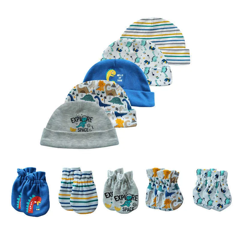 Cappelli neonati unisex + guanti Copricapo in cotone solido nato Berretto da notte montato Neonati maschi Set bambini Stampa Cartoon Accessori bambini 211023