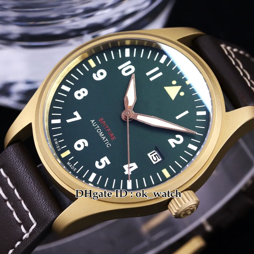 Top Quality 39mm Miyota 9015 Automatic Mens Watch Bronze IW326802 Olive Green Dial Brown Leather Gents Sport Watches270I