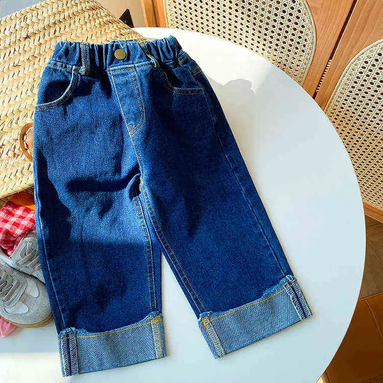 Automne hiver filles lâches jeans retroussés 1-8 ans enfants tout-match pantalon en denim droit 211102