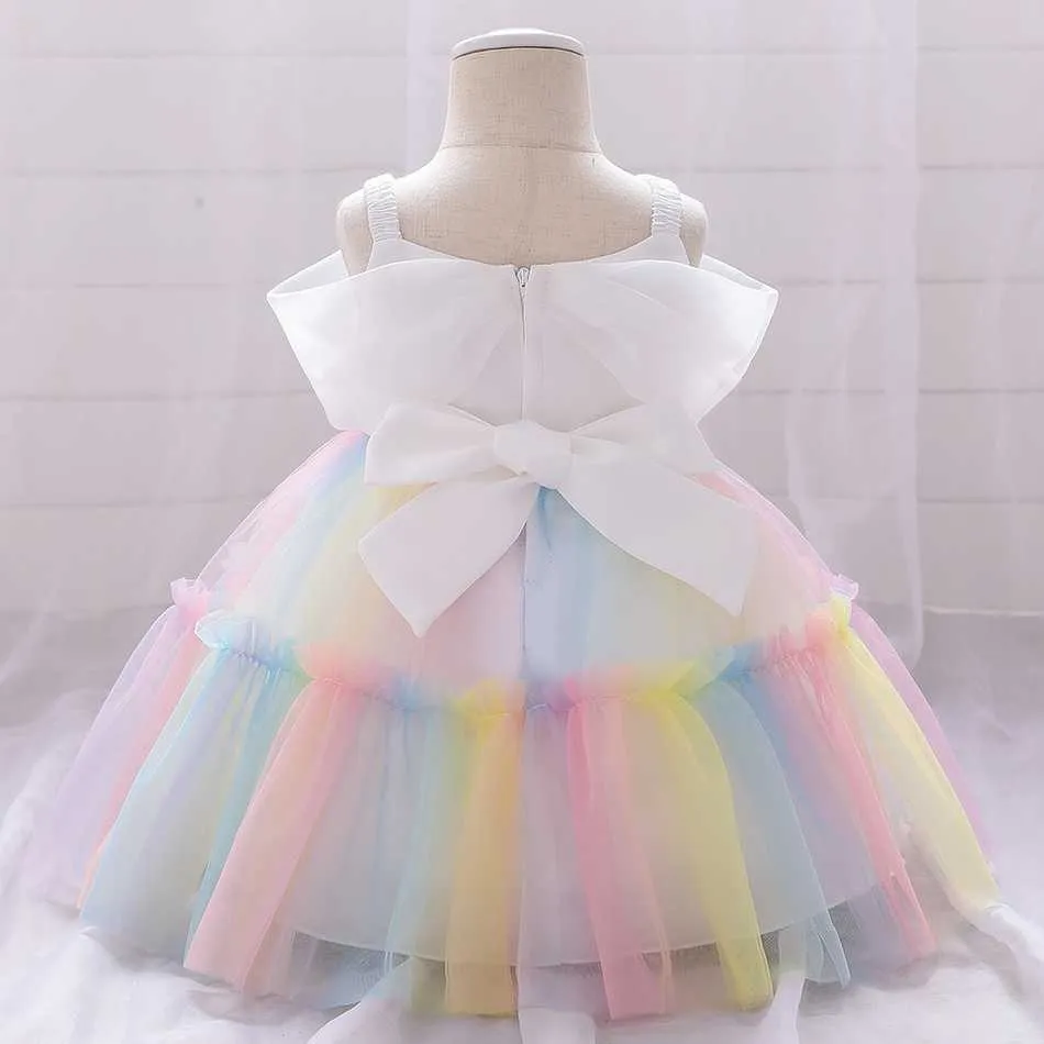 Happy Year Baby/Kleinkind Buntes Regenbogen-Mesh-Partykleid 210528