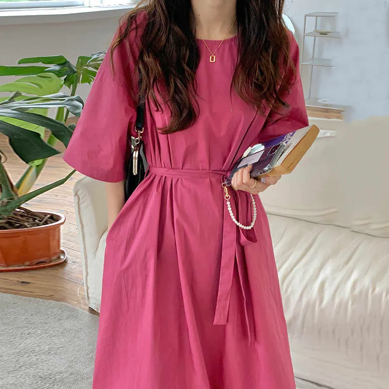 Korejpaa Frauen Kleid Sommer Koreanische Chic Damen Sanfte Rose Rot Rundhals Lose Krawatte Taille Kurzarm Große Schaukel Vestido 210526