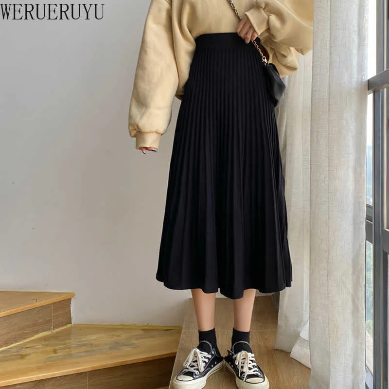 WERUERUYU Velvet Woolen Umbrella Long Skirt Women Autumn Winter Elastic Band High Waist Warm Skirt Black Office Skirt 210608