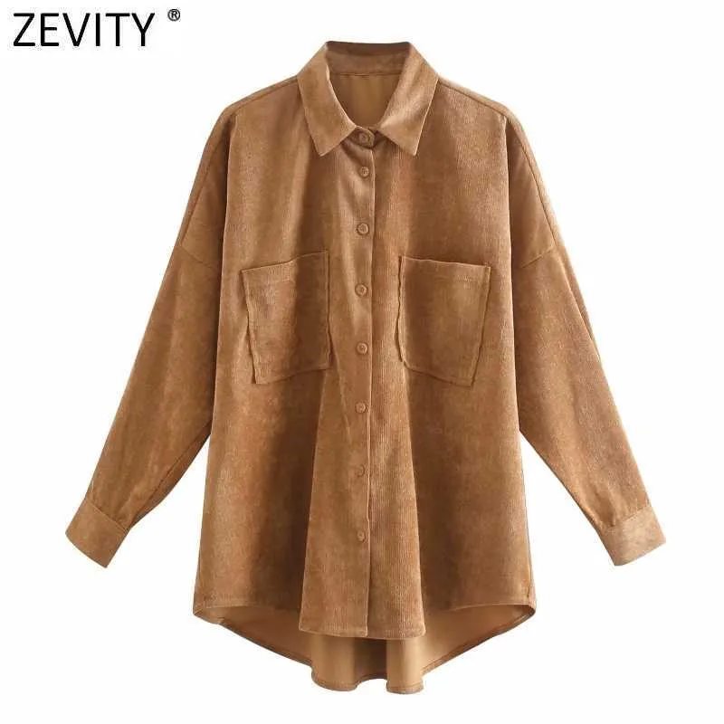 Zevity Kobiety Moda Kieszenie Patch Casual Loose Corduroy Bluzka Office Lady Nieregularne Koszulki Chic Koszulki Blusas Topy LS7394 210603