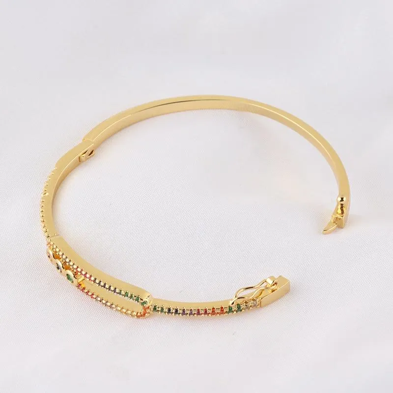 Goldgefülltes blaues, grünes, rotes, weißes Baguette-Regenbogen-Zirkonia-offenes Armband für Damen, Modeschmuck231L