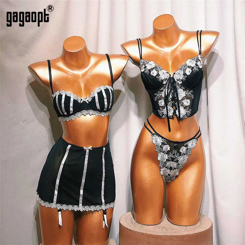 Gagaopt 2 pièces ensemble de soutien-gorge à fleurs femmes soutien-gorge Transparent à armatures + culotte 2021 automne Sexy sous-vêtements doux ensemble de Lingerie Y0911