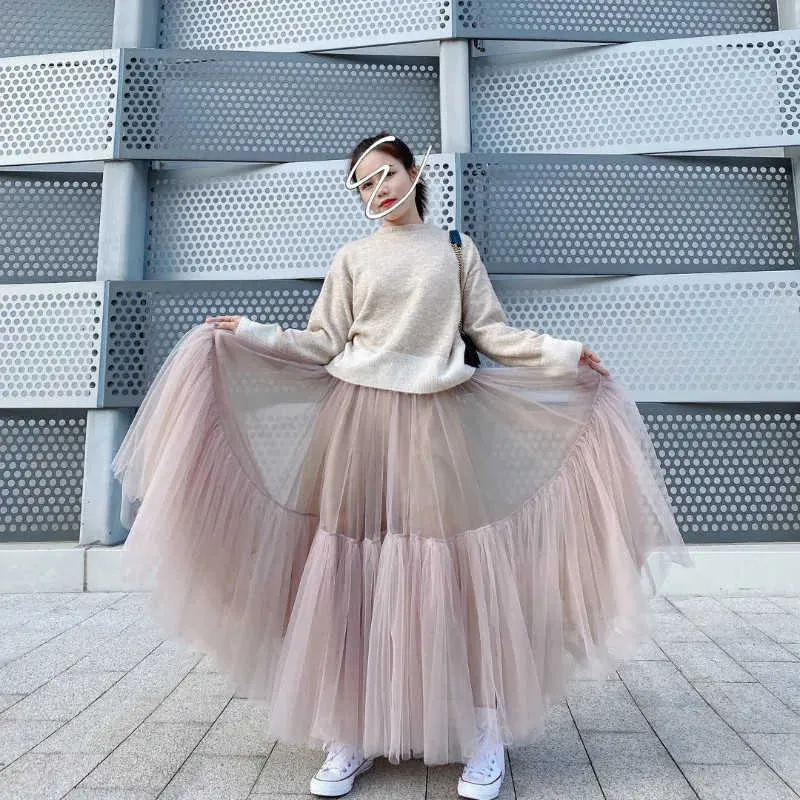 Vintage rose plissée longue jupe en tulle tutu femme taille haute piste jupes en maille douce femmes coréennes printemps jupe harajuku 210621