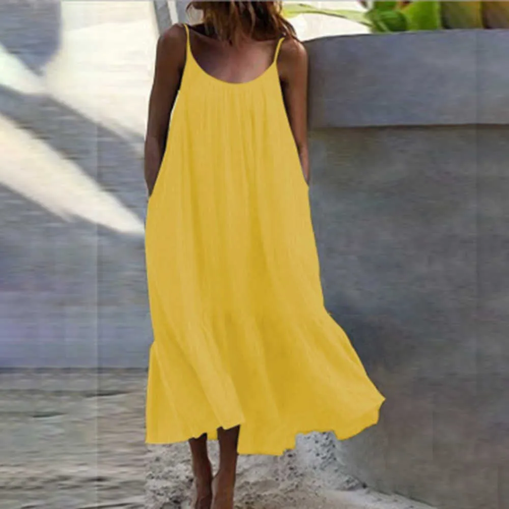 Sexy Spaghetti Strap Weiß Strand Boho Frau Kleid Sommer Lose Beiläufige Gelbe Maxi Kleider Für Frauen Plus Größe Robe Femme 210623