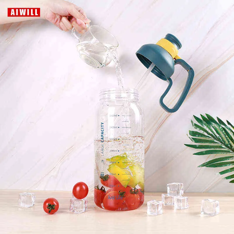 AIWILL Tritan Graduated Plastic Cup Large Capacity 1.8L Portable Water Bottle Straw Space Outdoor Sports Kettle BPA FREE 211122