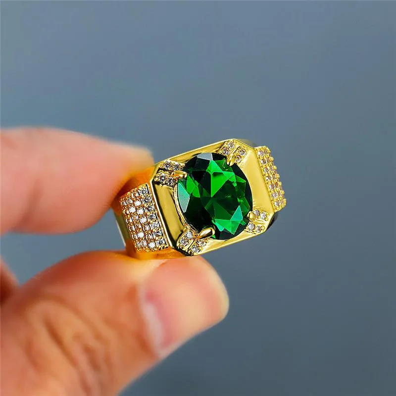 Wedding Rings Gorgeous Female Male Crystal Green Stone Ring Luxury 18KT Yellow Gold Big Oval Engagement For Men Women2394