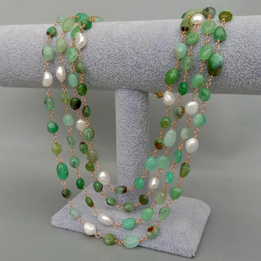 YYGEM 4 Strands Natural Green Chrysoprase Freeform Cultured White Baroque Pearl Wrap Halsband 19 