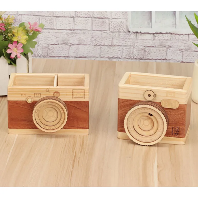 Retro Camera Double-layer Pen Holders Creative Desk Organizer Wooden Pen Pencil Case Holder Stand Learning Stationery Storage 210315