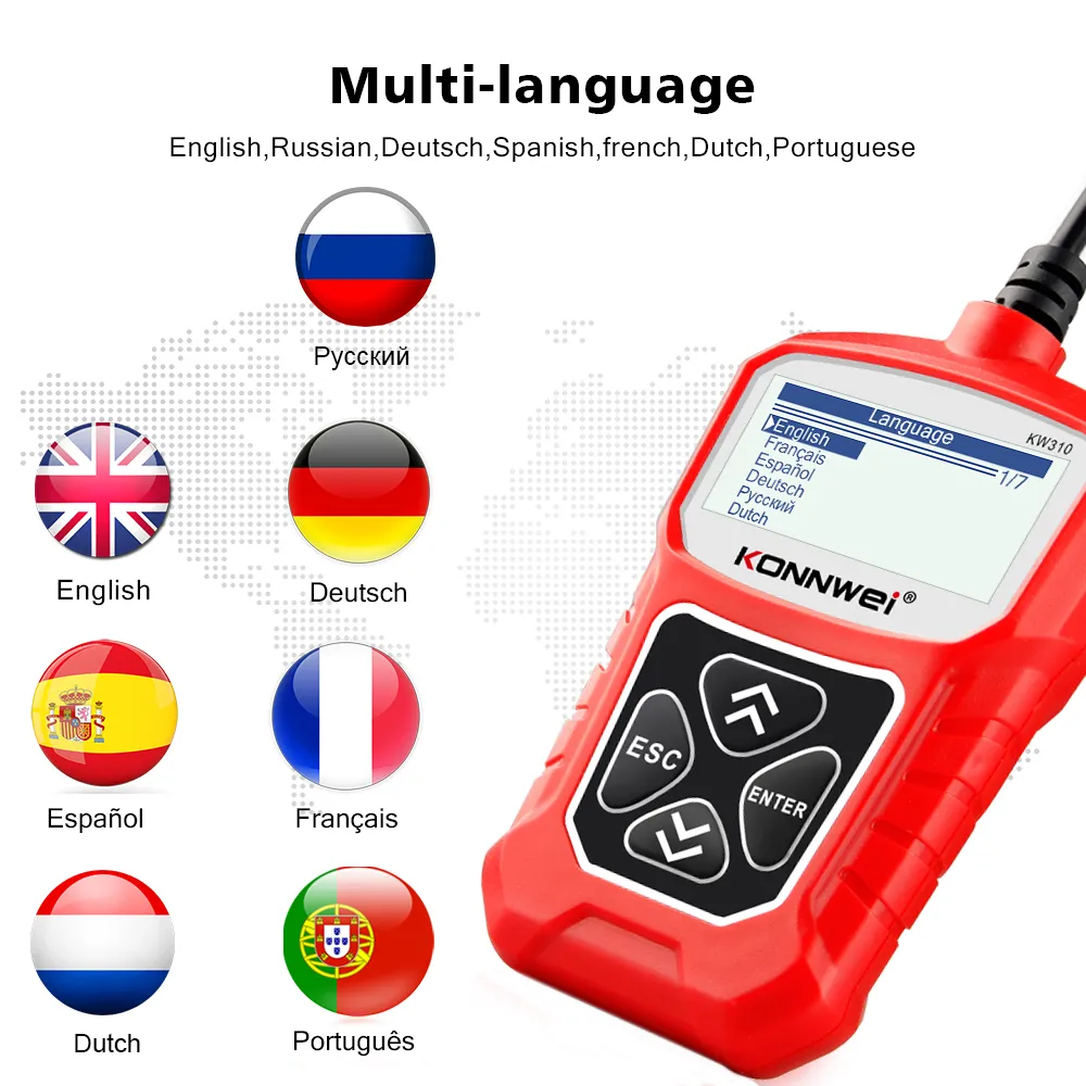 Konnwei KW310 OBD2 ماسح ضوئي Russian Russian Car Diagnostics Tool OBD 2 CAR SCANNER لأدوات السيارات ODB2 تلقائي أفضل من ELM3273999593