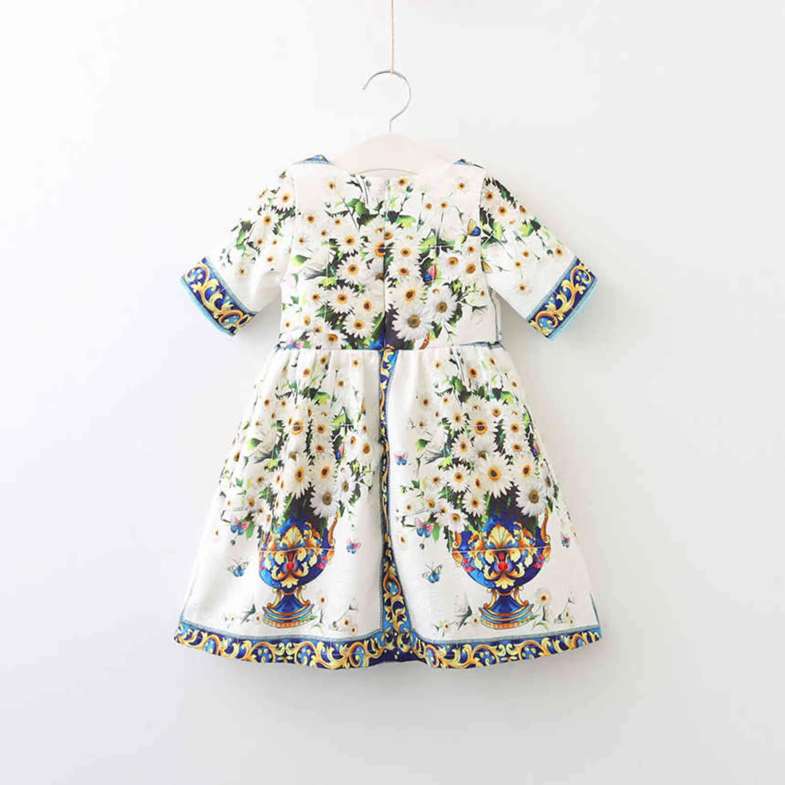 Meisjes jurk kinderen koninklijke vintage korte mouw prinses jurken baby meisje Italiaanse stijl lente chrysanthemum vaas print kleding G1129