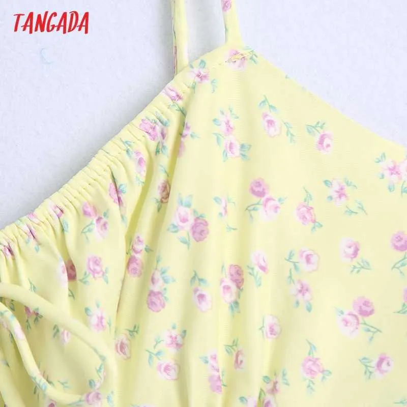 Tangada femmes été jaune imprimé fleuri Mini robe Vintage dos nu élastique fines bretelles femmes robes Mujer BE748 210609
