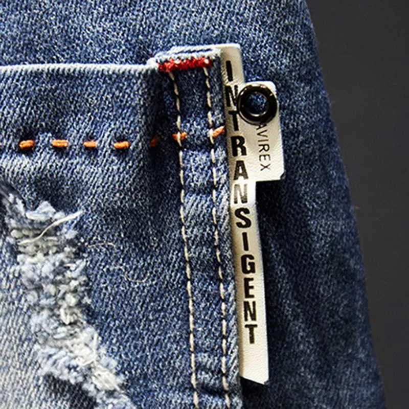 2021 Mens Jeans Holes Frayed Hiphop Ripped Light Blue Skinny Stretch Slim Leg Streetwear Distressed Moto Biker Jeans Male Denim X0621