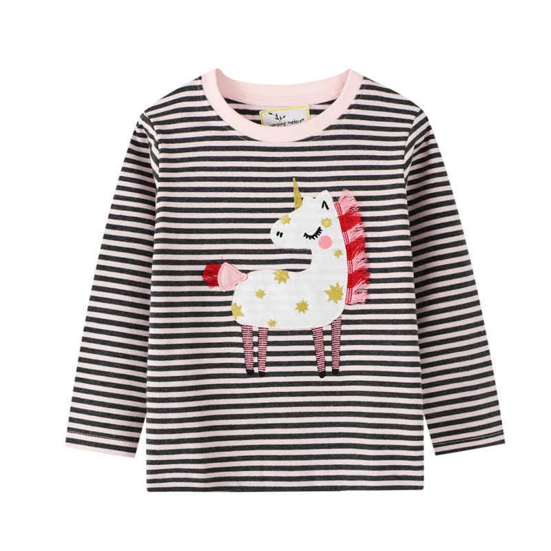 Springen Meter Langarm T-shirt Einhorn Baby Baumwolle Kleidung für Herbst Frühling Kinder Tops Bluse Mädchen 210529