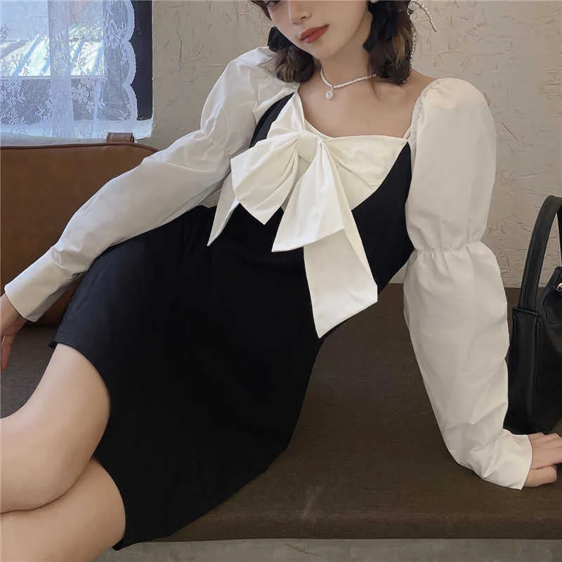 Fransk Vintage Dres Designer Black Puff Sleeve Mini Summer Square Collar Koreanska Gotiska Kläder 210604