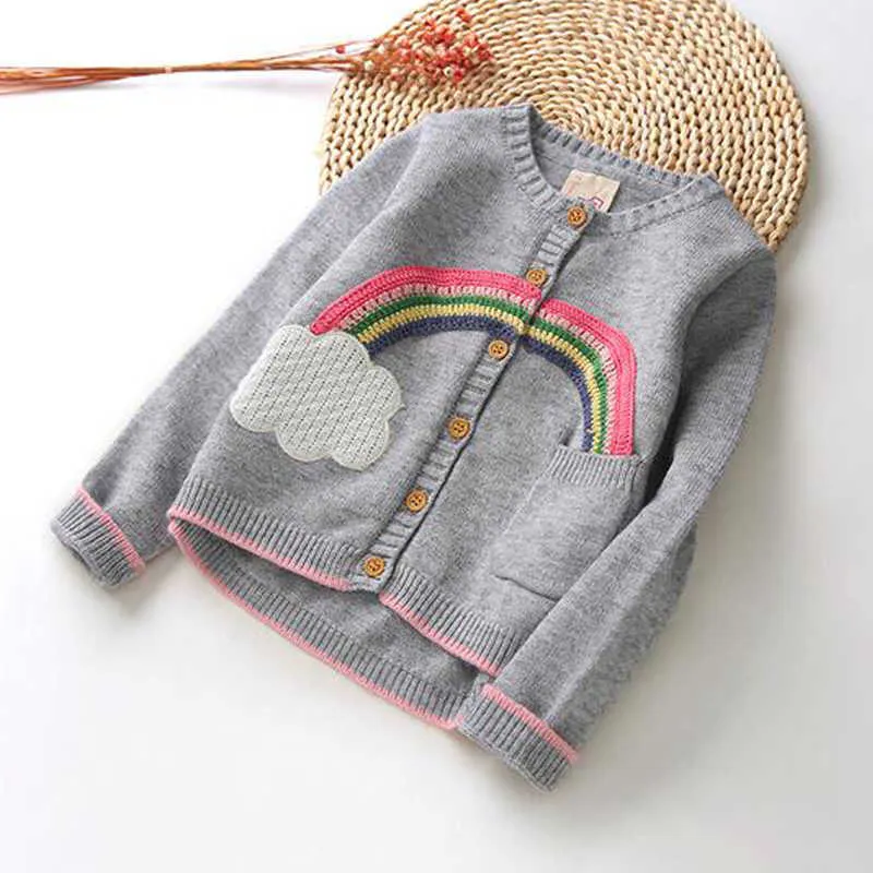 Meninas roupas outono primavera crianças camisolas cardigan arco-íris padrão manga comprida bordado outerwear crianças knit 211011