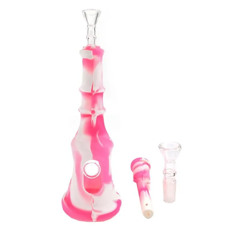 Pink Silicone Bong Glass Water Pipe 9.8 Inches Hoogte Pagoda Ontwerp Verwijderbaar met Kom Roken