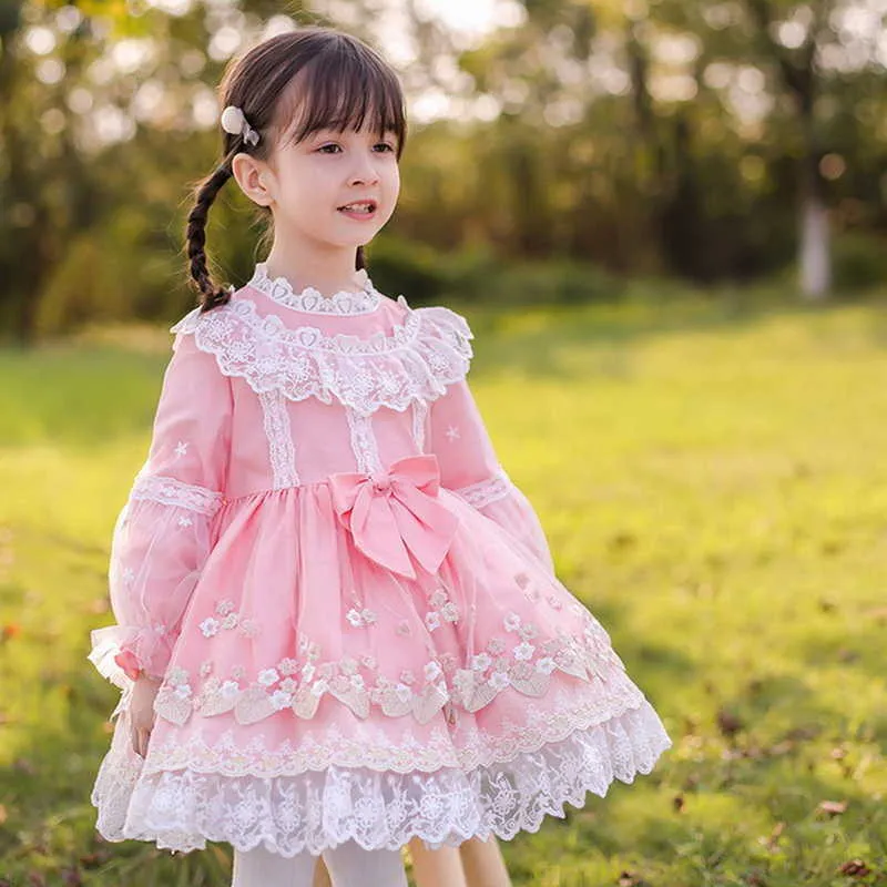 Spring Kids Girl Party Dress Lace Bow Pink Long Sleeves Mesh Princess Dresses Wedding Perform Clothes E8009 210610